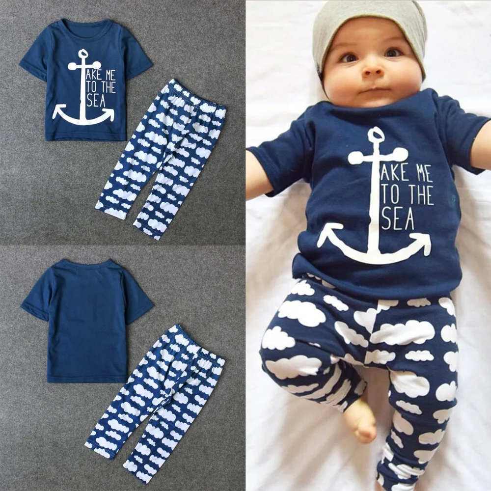 

Puseky Navy Sailor Baby Boys Clothes Sets Sailor Short Sleeve Letter Printing T Shirt Clouds Long Pants 2 Pcs Newborn Girl Cloth