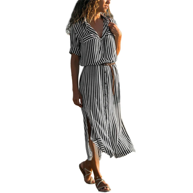 Women Autumn Dress Fashion Stripe Printed Long Sleeves Button Bandage Belt Shirt Long Dress Elegant Vestido Wholesale #K07 (10)