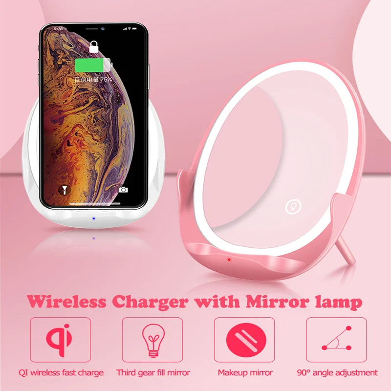 

Qi Fast Wireless Charger Fast Wireless Charger for iphone Xiaomi Mi 9 Mobile Phone Wireless Charger with Mirror Lamp Girl Makeup