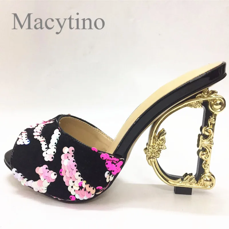 

Macytino Bicolor Sequined Mules Luxury Gold Strange High Heel Slippers Summer Dress Slides Shoes Women