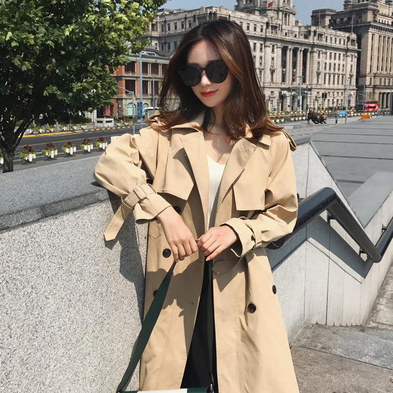 Manteau Mode longue Femmes khaki Ceinture Coupe Automne Mujer Mince Milieu vent 2018 Casual Breasted Black Femelle caramel Double Kaki S3 Color Tranchée Azw0Fntq5n