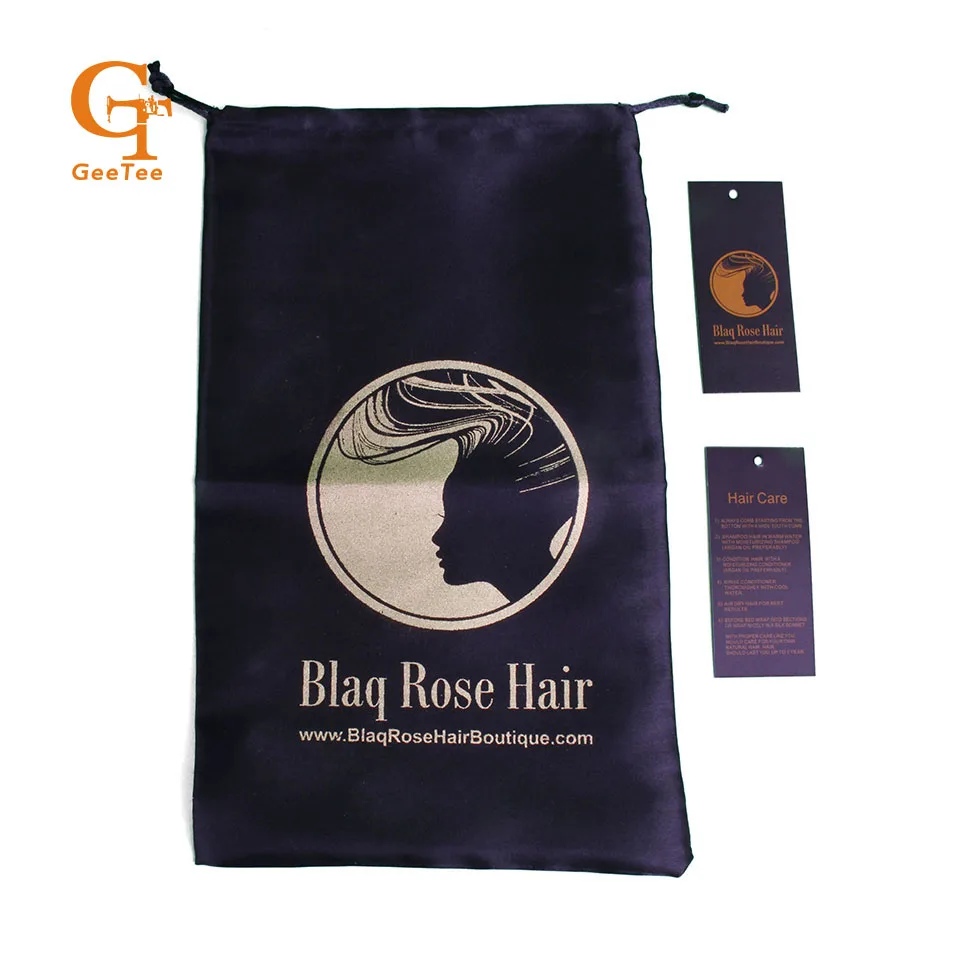 Custom Hair extension packaging satin silk bags and paper swing tags