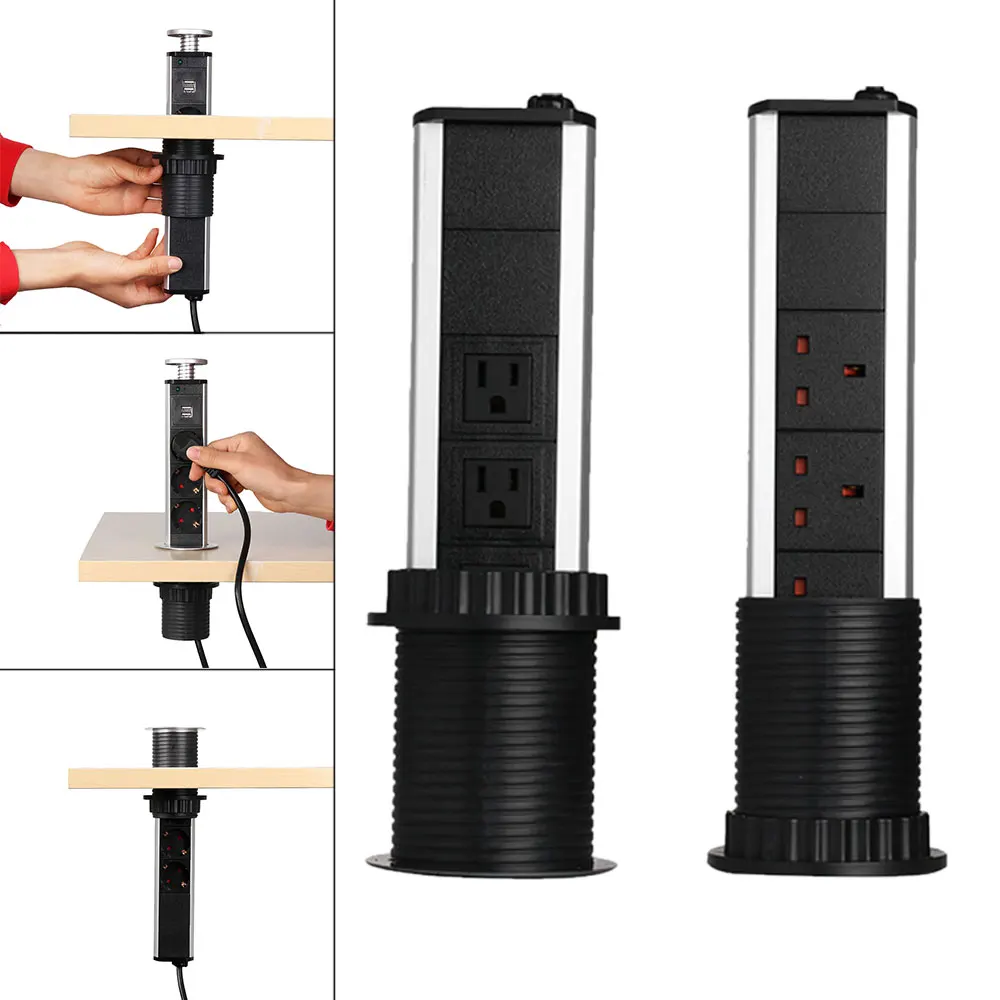 Electrical Pull Up Power Outlet 3 Plug 2 USB Kitchen Table Plug
