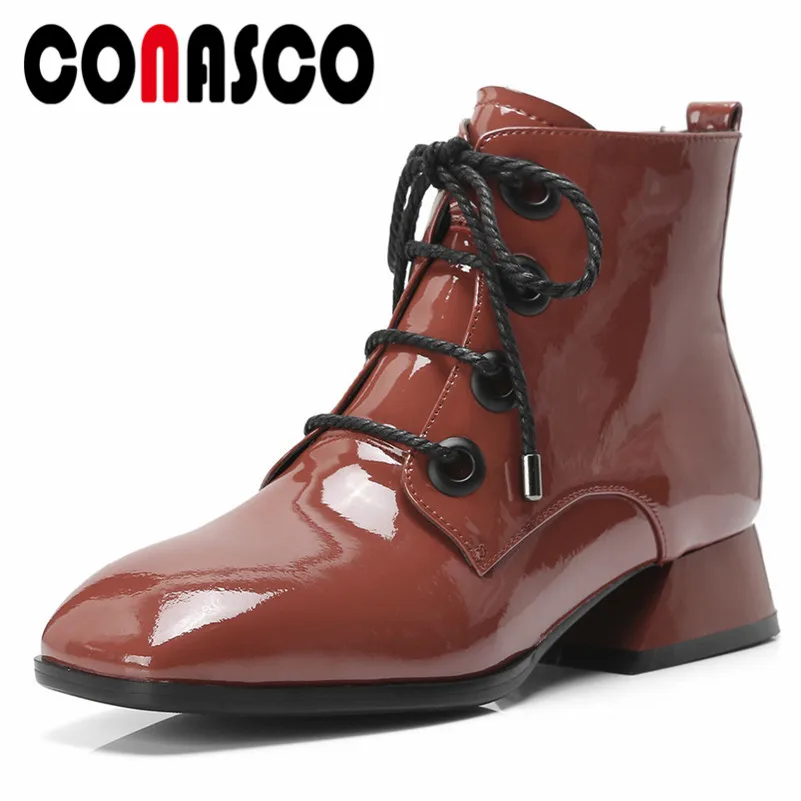 

CONASCO New Women Cow Leather Ankle Boots Sexy Patent Leather Lace Up Punk Motorcycle Boots High Qulaity Retro Dancing Shoes