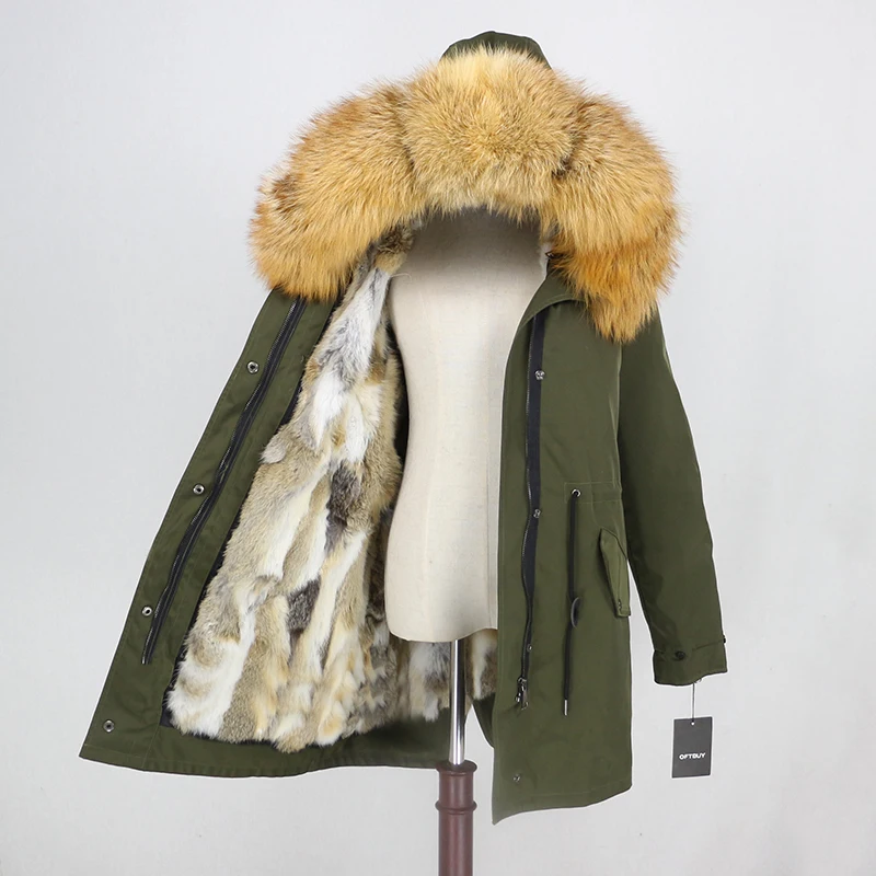 Зимняя куртка женская брендовая Водонепроницаемая длинная парка пальто из натурального меха енота воротник из натурального меха кролика съемная подкладка теплая - Цвет: green gold