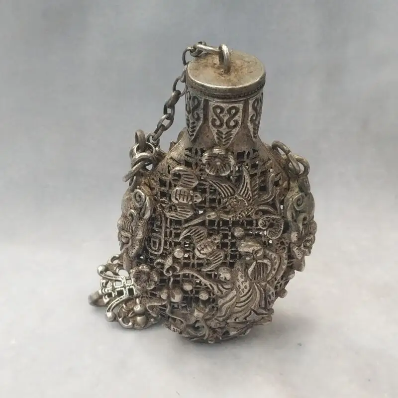 

Art collection Metal bottle crafts, Tibet silver handmade Carved longevity god snuff bottle with chain,Decorative bottle