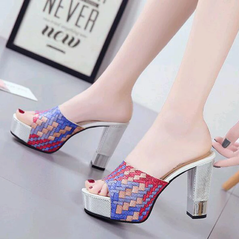 

Women Mules High Heel Platform Plaid Open Toe Slip On Flip Flops Antiskid Bottom Ladies Pumps Wedding Shoes Zapatos Mujer M303W