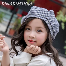 [DINGDNSHOW] модные береты, Детские хлопковые кепки в клетку с рисунками из мультфильмов, Детские кепки для мальчиков и девочек