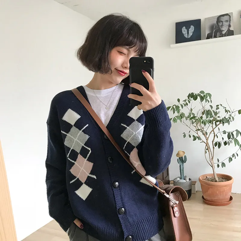 

2 colors 2018 autumn and winter preppy style v neck cardigans womens knitted sweaters womens (F1323)