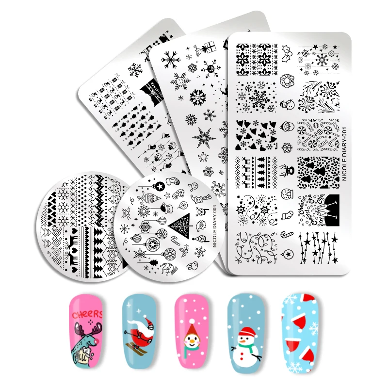 

NICOLE DIARY Christmas Nail Stamping Template Rectangle Nail Stamp Image Plate Snow Santa Clause Manicure Stencil Nail Art Tool