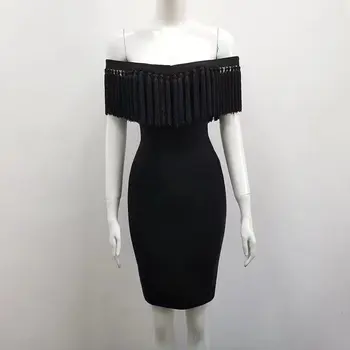 

Black Color Ladies HL Bandage Dress Off the Shoulder Sexy Bodycon Mini Dress Tassel Elegant Evening Party Dress