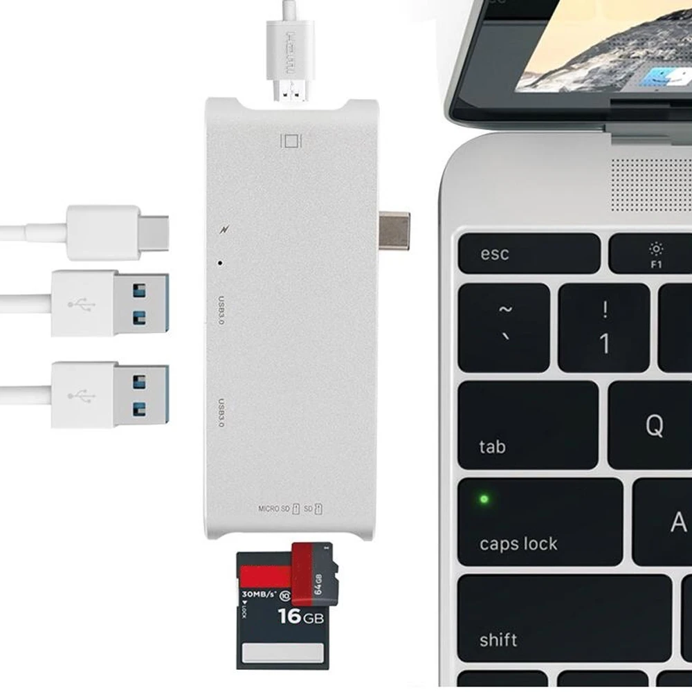 Тип USB C HDMI концентратор Multi-адаптер порта C-Тип зарядки 4 К TF SD Card Reader 2 3.0 порты для