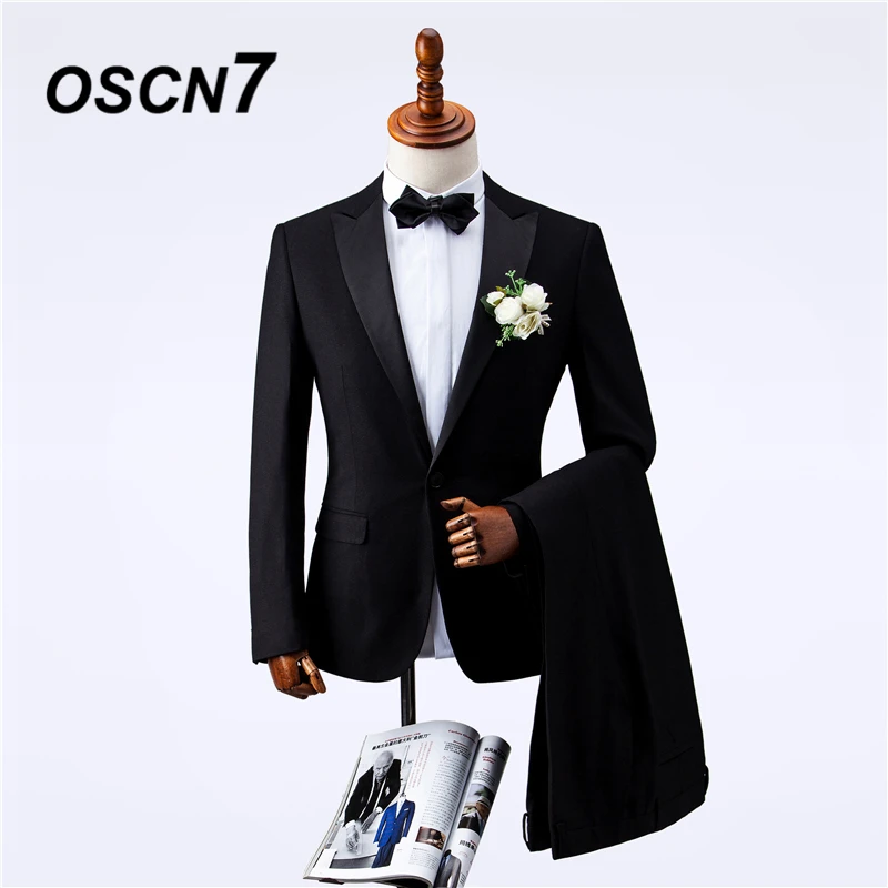 OSCN7 Black Wedding Tailor Made Suits Men Peak Lapel Party Mens Suits