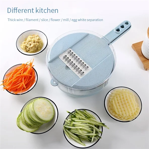 9 pcs /Set Kitchen Cutter Fruit Vegetable Slicer Potato Carrot Grater Garlic Chopper Mandoline Cutter with Noodle Drain Basket - Цвет: blue