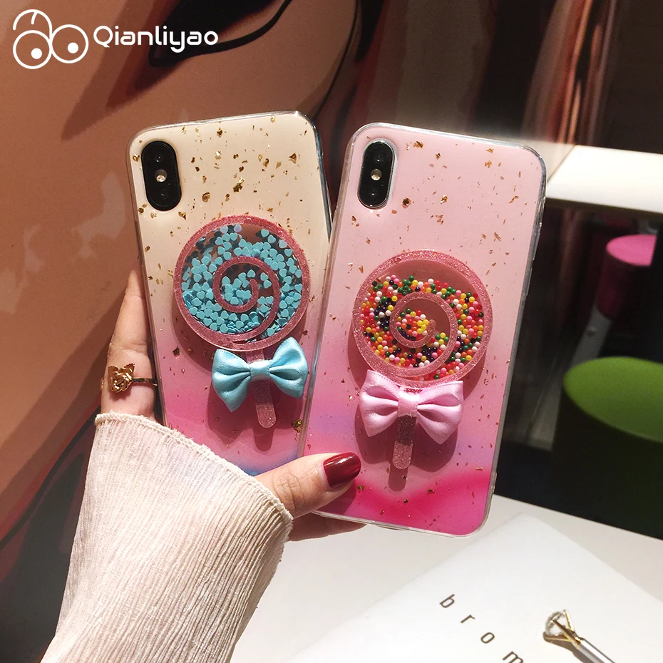 

Qianliyao Gradient 3D Lollipop Cases for iPhone XR X 6S 7 8 Plus Glitter Gold foil Soft TPU Cover for iPhone XS Max Cases Capa