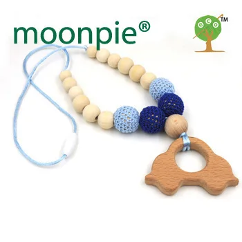 Mommy Organic Teething bead necklace Nursing necklace , Crochet Necklace fade blue beech car  wooden charm baby boy gift EN28