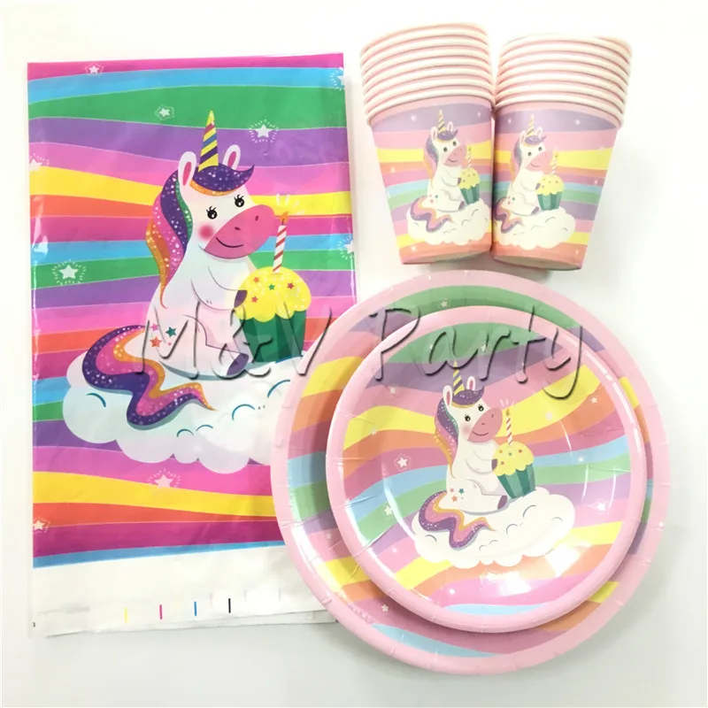

19pcs/lot New Fantasy Rainbow Cartoon Unicorn Disposable Tablewareset Set Paper Cup Plates Set Unicorn Party Decoration Supplies