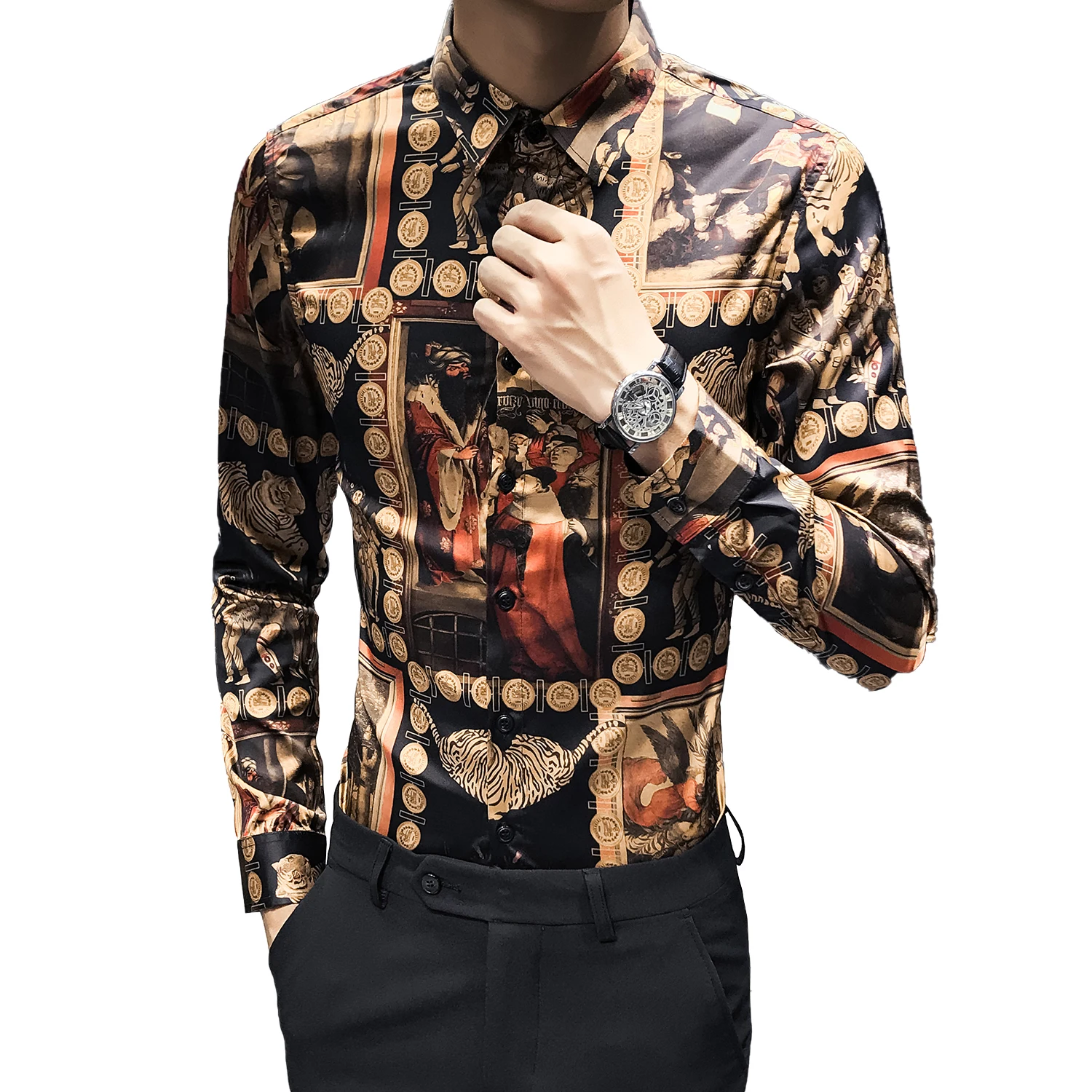 

2019 New Fashion Printed Boutique Cotton Brand Mens Nightclub Casual Long-sleeved Shirt / Trend Social Men's Club Ball Shirt