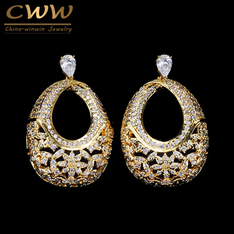 CWWZircons Micro Pave CZ циркония камень желтое золото Цвет Винтаж для женщин Висячие серьги высокое качество Свадебная вечеринка ювелирные изделия CZ031 - Окраска металла: gold color