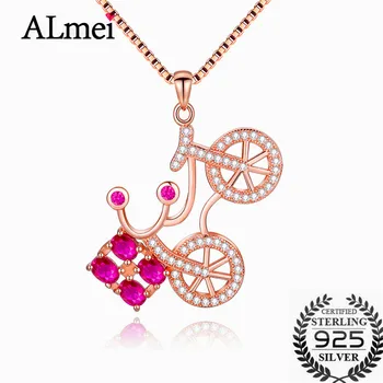 

Almei 1.2ct Ruby Solid Sterling Silver 925 Bike Pendant Necklaces for Girls Brand Jewelry Bicycle Sports with Box CN038