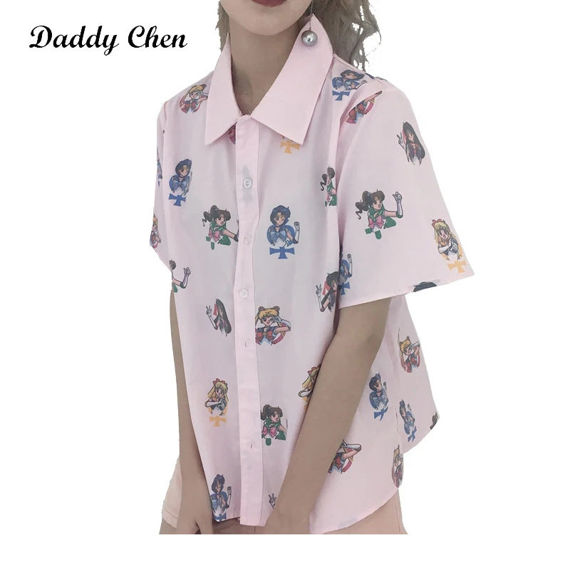 Daddy Chen Blusas Algodon, Ретро стиль, Mujer, розовая рубашка Сейлор Мун, милая мультяшная футболка, женская рубашка на пуговицах, свободная, короткий рукав, Kawaii