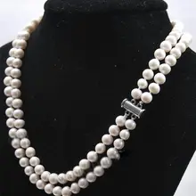 Очаровательная! 2 ряда 7-8 мм белая культурная жемчужина акоя ожерелье серебро кварц Кристалл женские свадебные