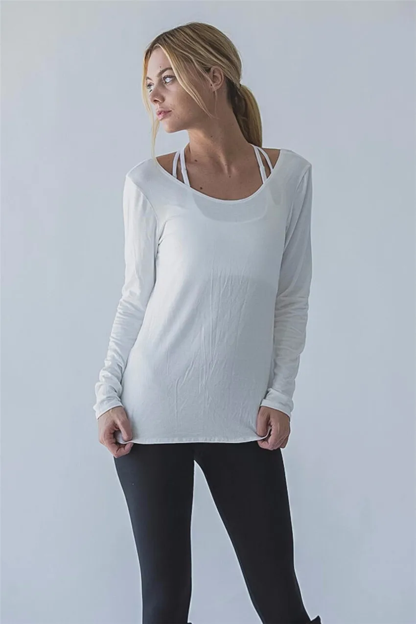 Exposed Back Loose Reverse Drape Long Sleeve Activewear Top