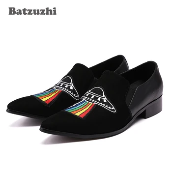 

Batzuzhi Luxury Designer's Men Shoes Pointed Toe Black Suede with Embroidery Mens Loafers Shoes Chaussure Homme, Big Size 38-46