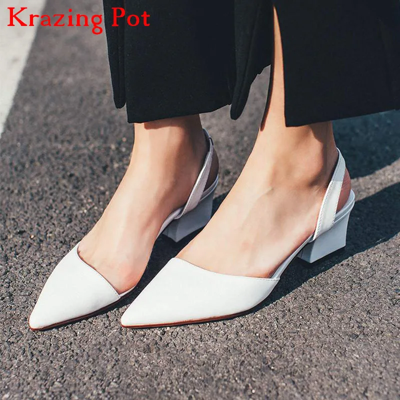 

2018 Genuine Leather Women Pumps Slip on Office Lady Thick Heel Solid Pointed Toe Princess Style Slingback Fashion Nude Shoe L29