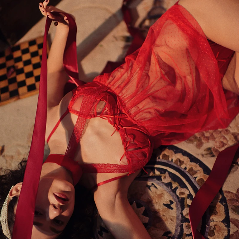 

Valentine's Day Gift Sexy Lingerie Female Weeding Babydoll Red Pajamas Temptation Mesh Sheer Hollow Out Dot Halter Nightdress