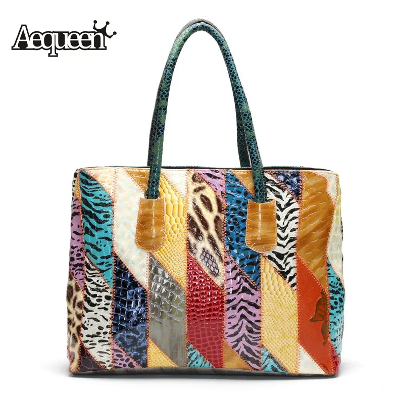 

AEQUEEN Handbags Women Genuine Leather Patchwork Crossbody Bags Ladies Cow Leather Vintage Totes Shoulder Bags Random Color