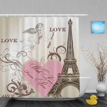 

Vintage Eiffel Tower Bathroom Shower Curains Pink Love Heart With Cupid Shower Curtain Waterproof Polyester Fabric With Hooks