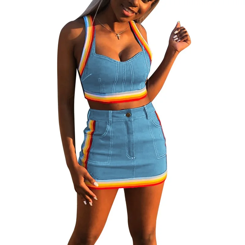 تنورة مجموعة عالية الجودة مخطط الجينز اثنين من قطعة مجموعة المرأة مثير المحاصيل الأعلى البسيطة التنانير مجموعات الجينز بذلة رياضية الدنيم و...