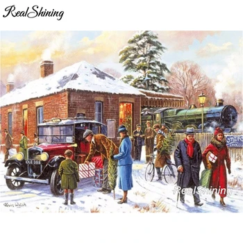

REALSHINING 5D DIY Diamond Painting Winter Train Station Full Square Embroidery Kit Cross Stitch Needlework Home Decorative FS65