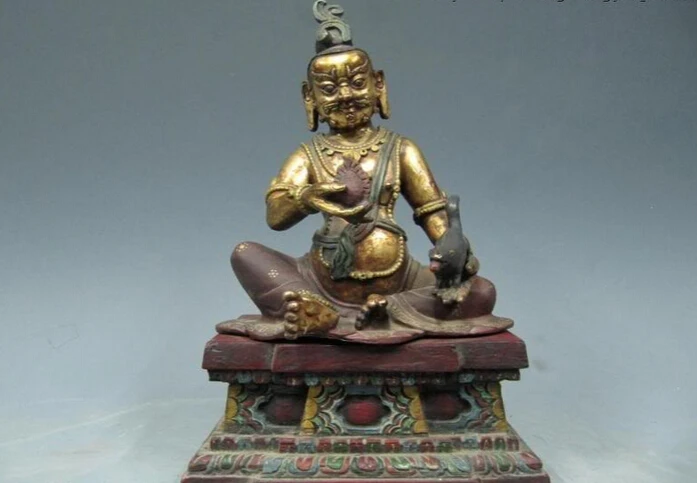 

Collectible bronze S2617 9 Tibet Pure Bronze 24K Gold Gild painted Yellow Jambhala Buddha on base wood