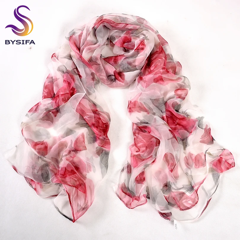 

[BYSIFA] Red Roses Silk Scarf Ladies Fashion 100% Pure Silk Long Scarves Spring Autumn Thin Transparent Sexy Satin Silk Scarf