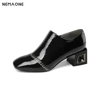 

NEMAONE black khaki ladies spring autumn pumps zipper elegant women genuine leather high heels shoes large size 34-43