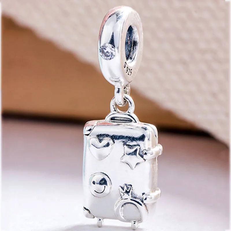 

New 925 Sterling Silver Bead Charm Suitcase With Heart Star Winky Face Ready To Explore Pendant Fit Pandora Bracelet Diy Jewelry