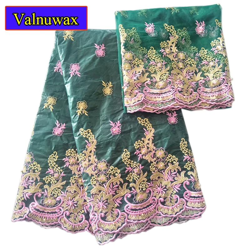 

African Bazin riche fabric embroidered high quality Green mix Pink color 5 yards + 2 yards with beaded net lace fabric for dress