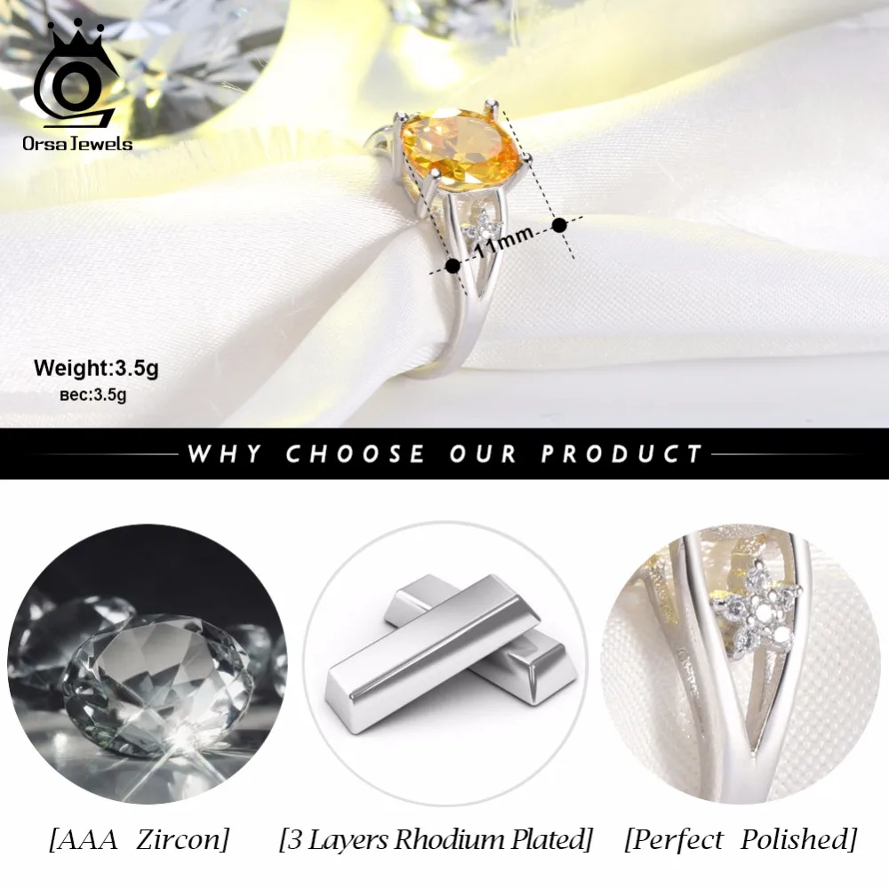 ORSA JEWELS Female Wedding Band Prong Setting AAA Yellow Cubic Zircon Women Rings Engagement Finger Ring Fashion Jewelry AOR56