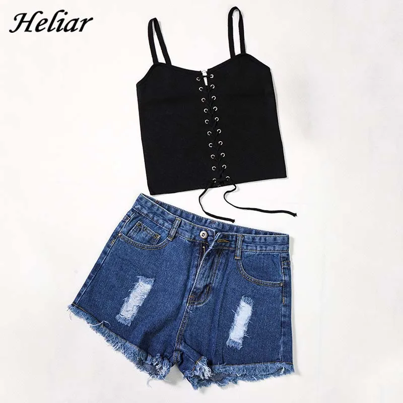 

Heliar Two Pcs Outfits Drawstring Knitting Tank Tops And Short Jeans Women Pajamas 2019 Summer PJ Female Patchwork Suits