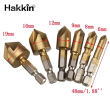 6PCS 5 Flute Chamfer Countersink 1/4\" Hex Shank HSS 90 Degree Wood Chamfering Cutter 6mm-19mm Drill Bit