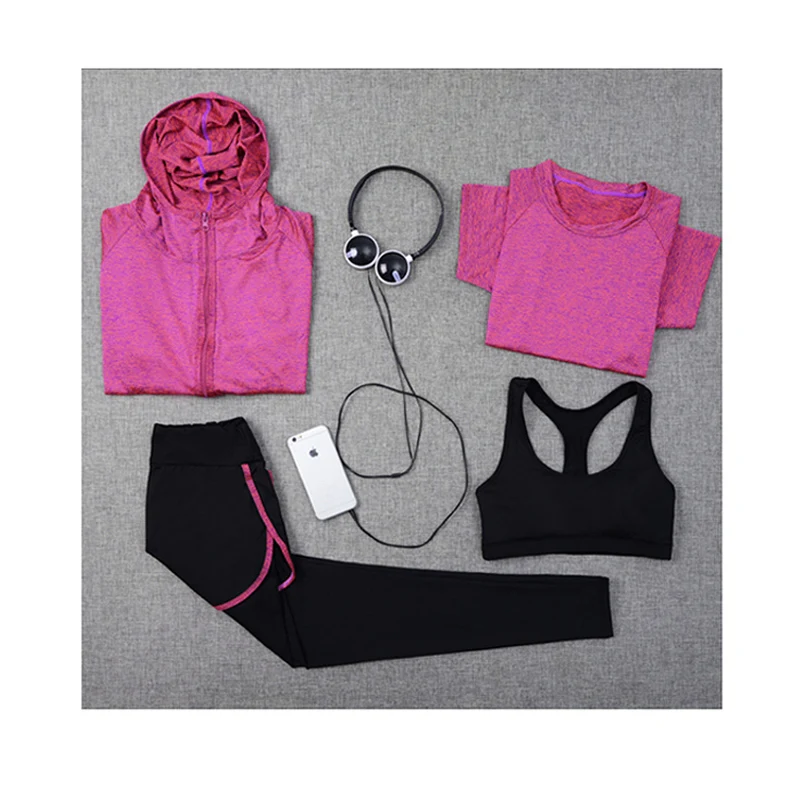 

2018 New Sport Suits Zipper Jackets+Pants+T-Shirts+Sports Bra 4 Piece Yoga Set Running Sportswear Plus Size Fitness Gym Clothing