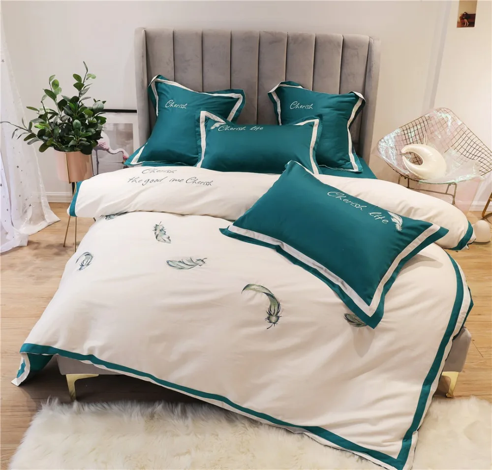 buy Luxury 80S Egyptian cotton Embroidered Bedding sets Queen King Princess Duvet cover Bed sheet set Pillowcases 4 6pcs white green