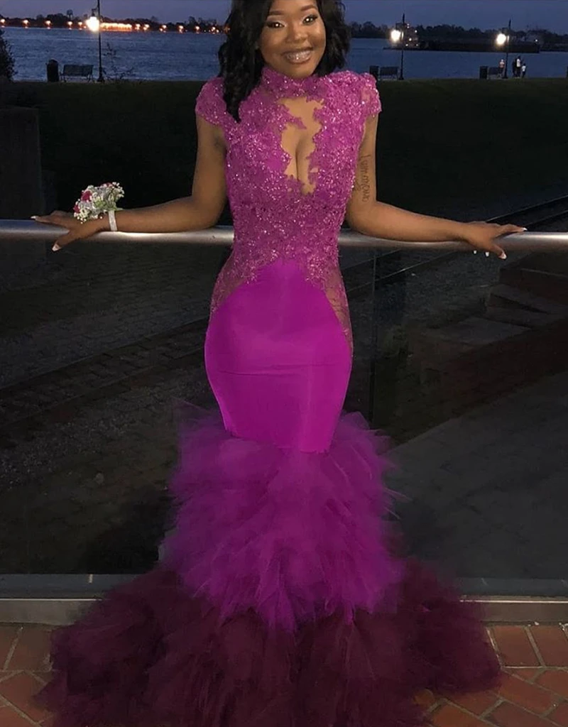 

Purple Mermaid Prom Dresses 2019 Black Girls Lace Appliques Beads Formal Dresses African Prom Evening Gowns DP0070