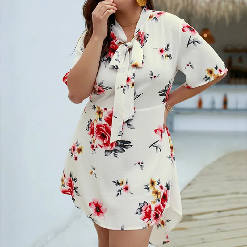 

Oversized Print Women Dress Robe Half Sleeve Tie Asymmetrical Femme Mini Party Dresses Plus Size 3XL 4XL Red Mujer Autumn A045