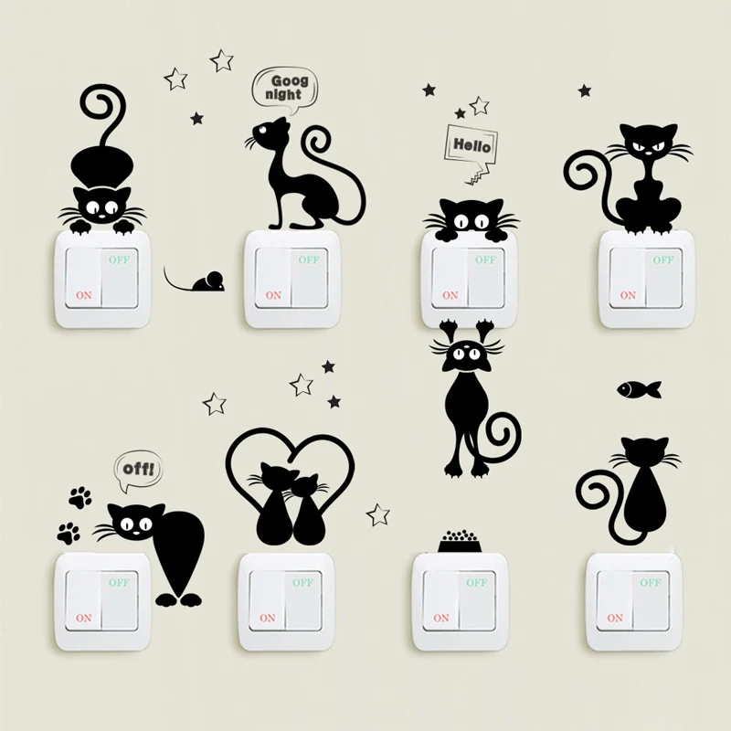 

Cartoon Black kitty Switch Sticker Home Decor living room Background decoration Mural art Decals Creative diy cats wall stickers