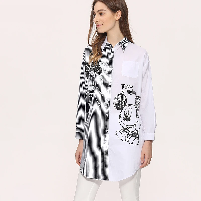 Ceny Kobiety Długie Bluzki Koszula Z Długim Rękawem 2017 New Fashion Cartoon Mouse Tkaniny Cekinowe Paski Bluzki Loose Casual Womans D0249