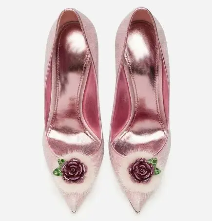 

Pointed toe shallow high heel pumps Women pink flower decorated super high thin heel shoes Female high heels Dress shoes