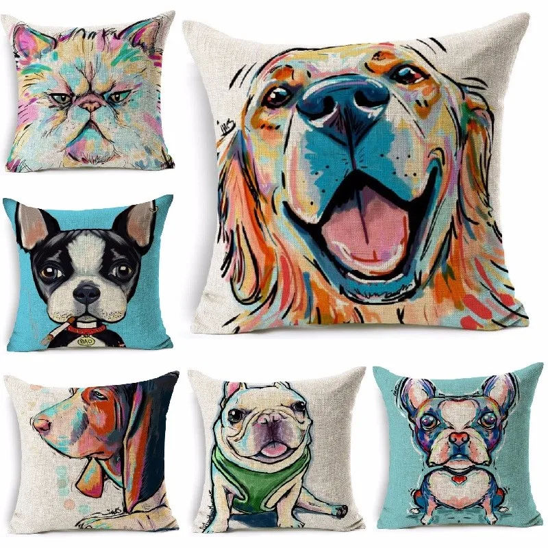 Cushion Cover Golden Retriever Painting Dog Cat Pattern Linen Throw Pillows Car Sofa Cover Decorative Pillowcase Decorativos